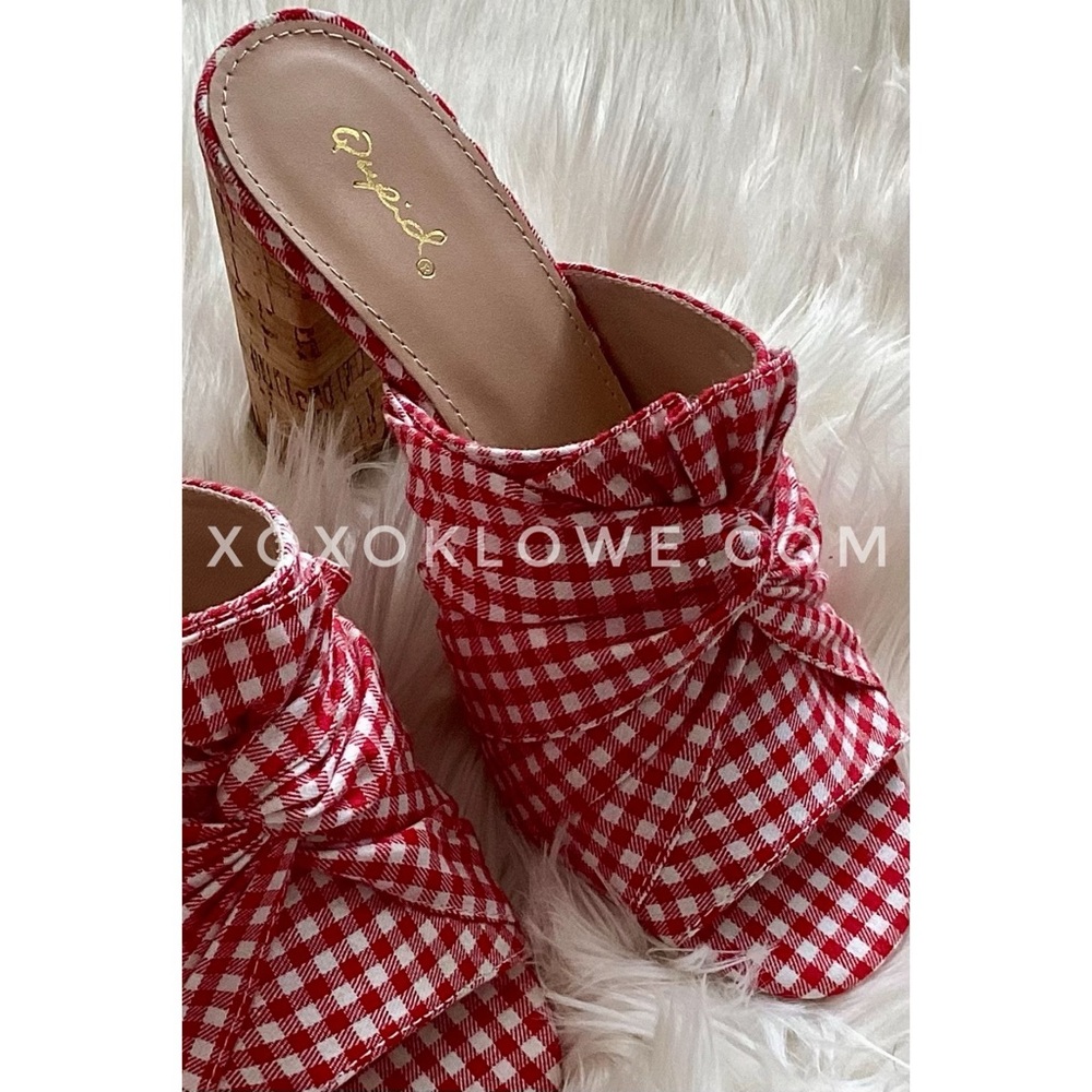QUPID Red Gingham Knotted Mule Sandals | Checkered Block Heel Slip On Shoes - Picture 9 of 10